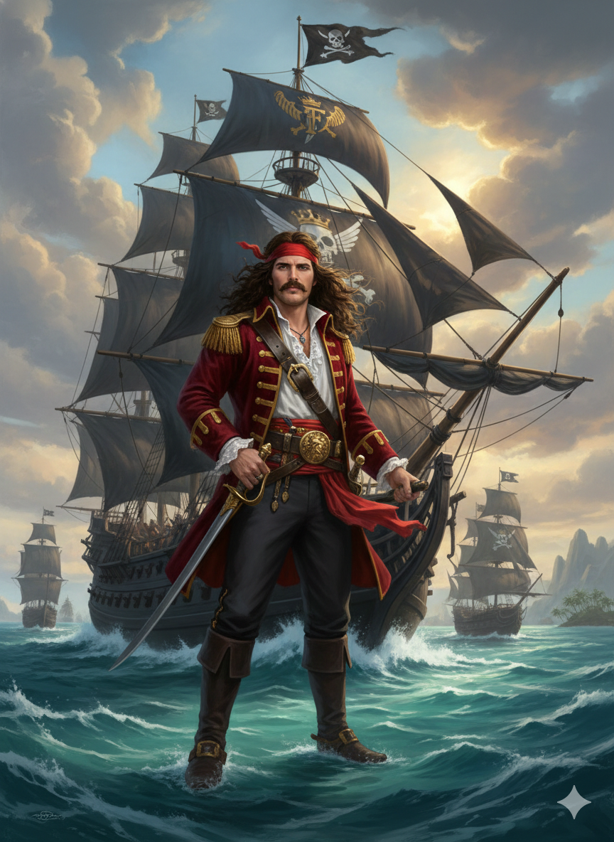 An illustration of Captain Mercury as a pirate, standing proudly on the deck of his ship.